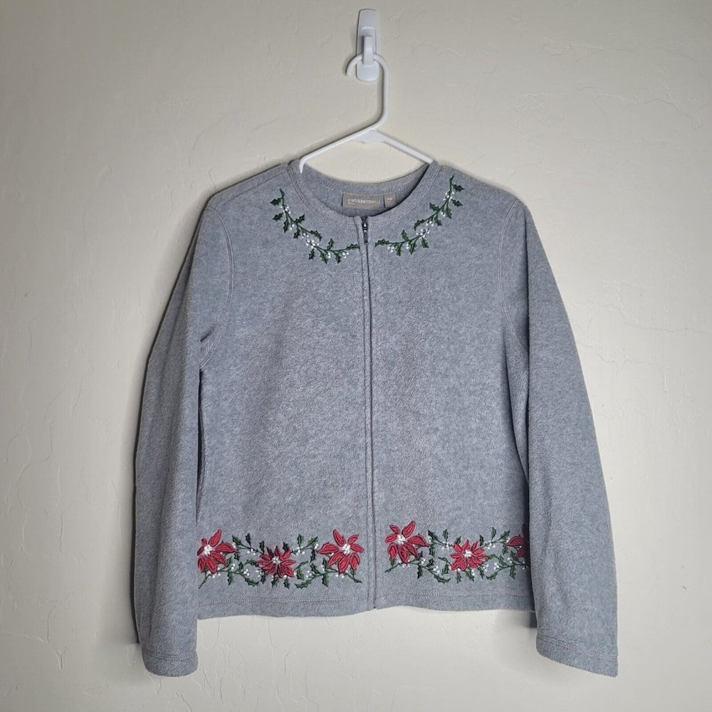 Croft Barrow Sweater Womens Petite PM Gray Winter Poinsettia Zip Front Cardigan